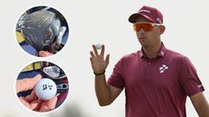 Lucas Herbert waves to the crowd, with a close up of his driver and golf ball