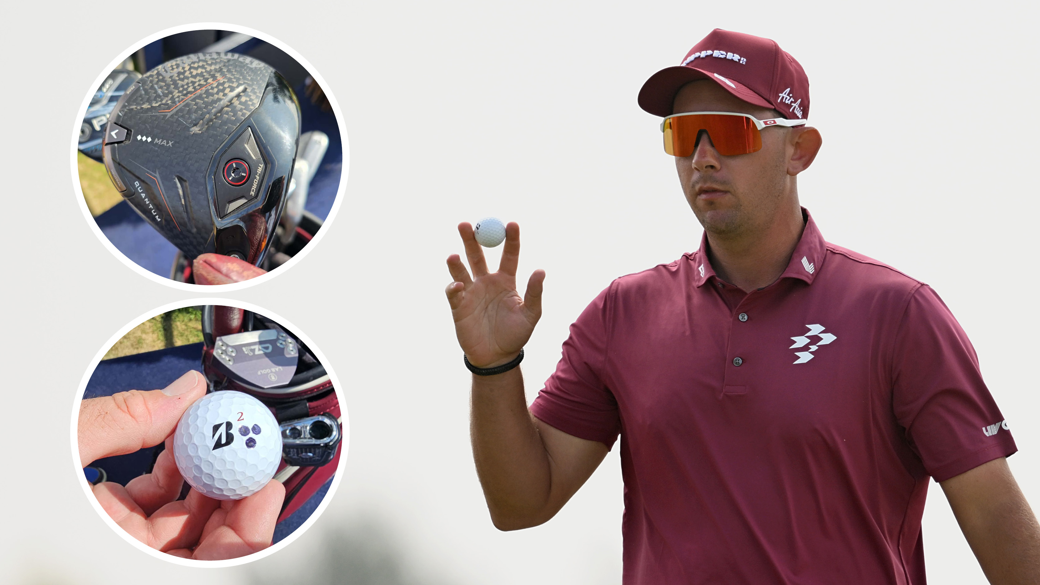 Lucas Herbert waves to the crowd, with a close up of his driver and golf ball