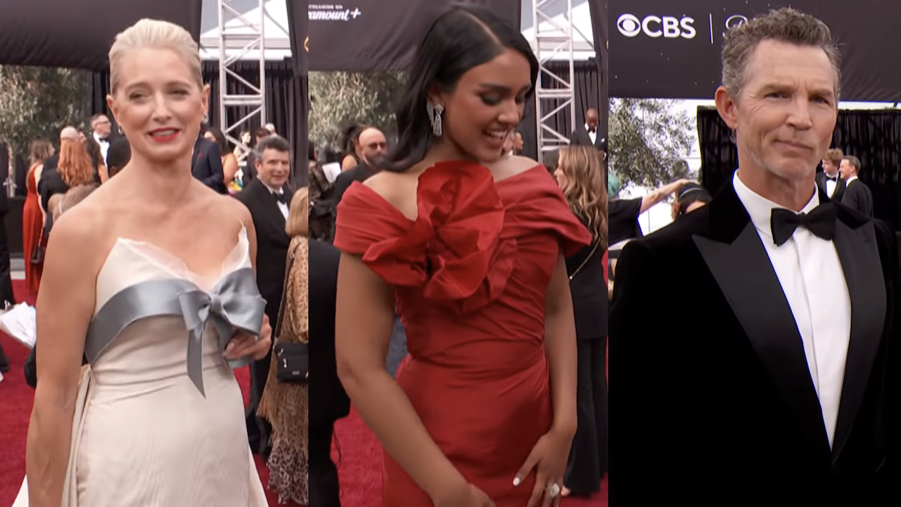 Screenshots of The Pitt cast on red carpet at Emmys 2025