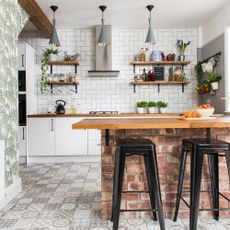 kitchen makeover with palm green foliage glitter wallpaper and metro white tiles