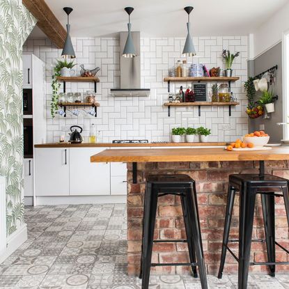 kitchen makeover with palm green foliage glitter wallpaper and metro white tiles