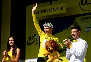 VILLENEUVESURLOT FRANCE JULY 11 Tadej Pogacar of Slovenia and UAE Team Emirates Yellow Leader Jersey celebrates at podium during the 111th Tour de France 2024 Stage 12 a 2036km stage from Aurillac to VilleneuvesurLot UCIWT on July 11 2024 in VilleneuvesurLot France Photo by Dario BelingheriGetty Images