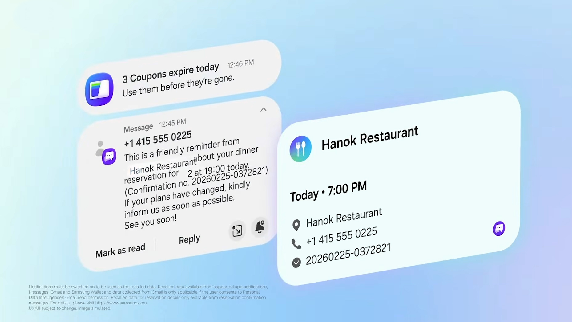 Notifications showing a restaurant reseveration in Samsung Galaxy AI