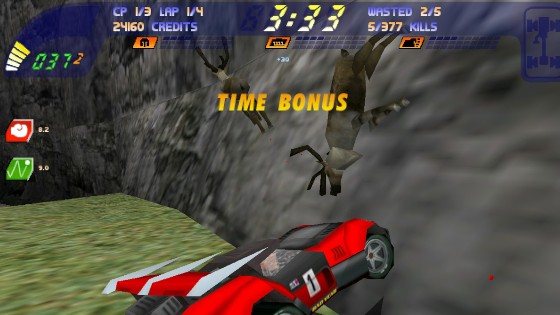 A car rams into a poor moose in Carmageddon.