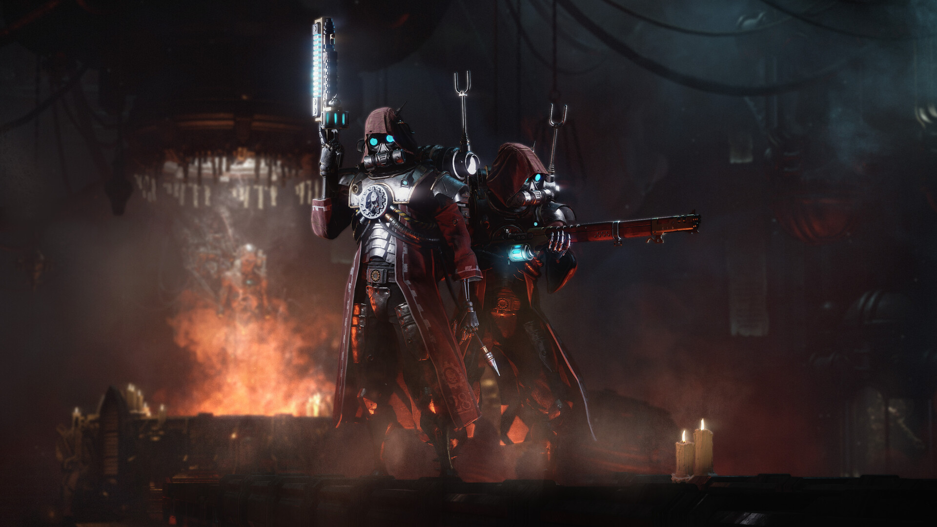 Two armored sci-fi figures with glowing eyes stand in a dimly lit, industrial setting, one holding a glowing weapon. The scene is mysterious and intense.
