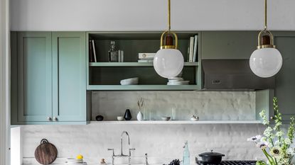 Pendant light hanging over a kitchen island