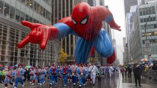 New York, N.Y.: Spiderman heads down 6th Ave. during the Macy's Thanksgiving Day Parade on November 28, 2024 in New York City. 