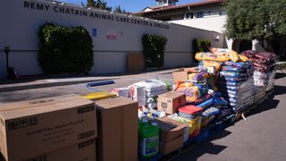 Donations for animal victims of LA wildfires outside animal shelter