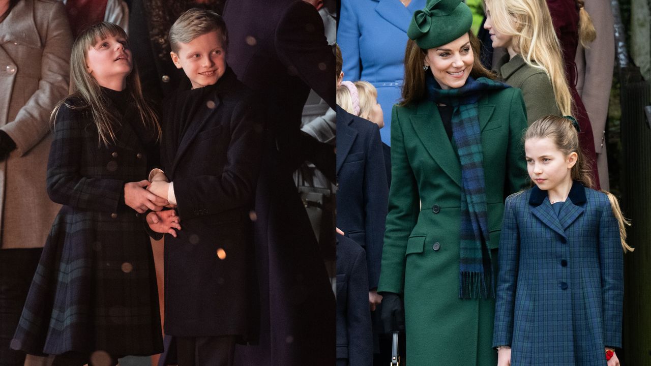 Princess Gabriella and Prince Jacques holding hands and wearing dark coats next to a photo of Kate Middleton and Princess Charlotte wearing green and blue coats with plaid accents