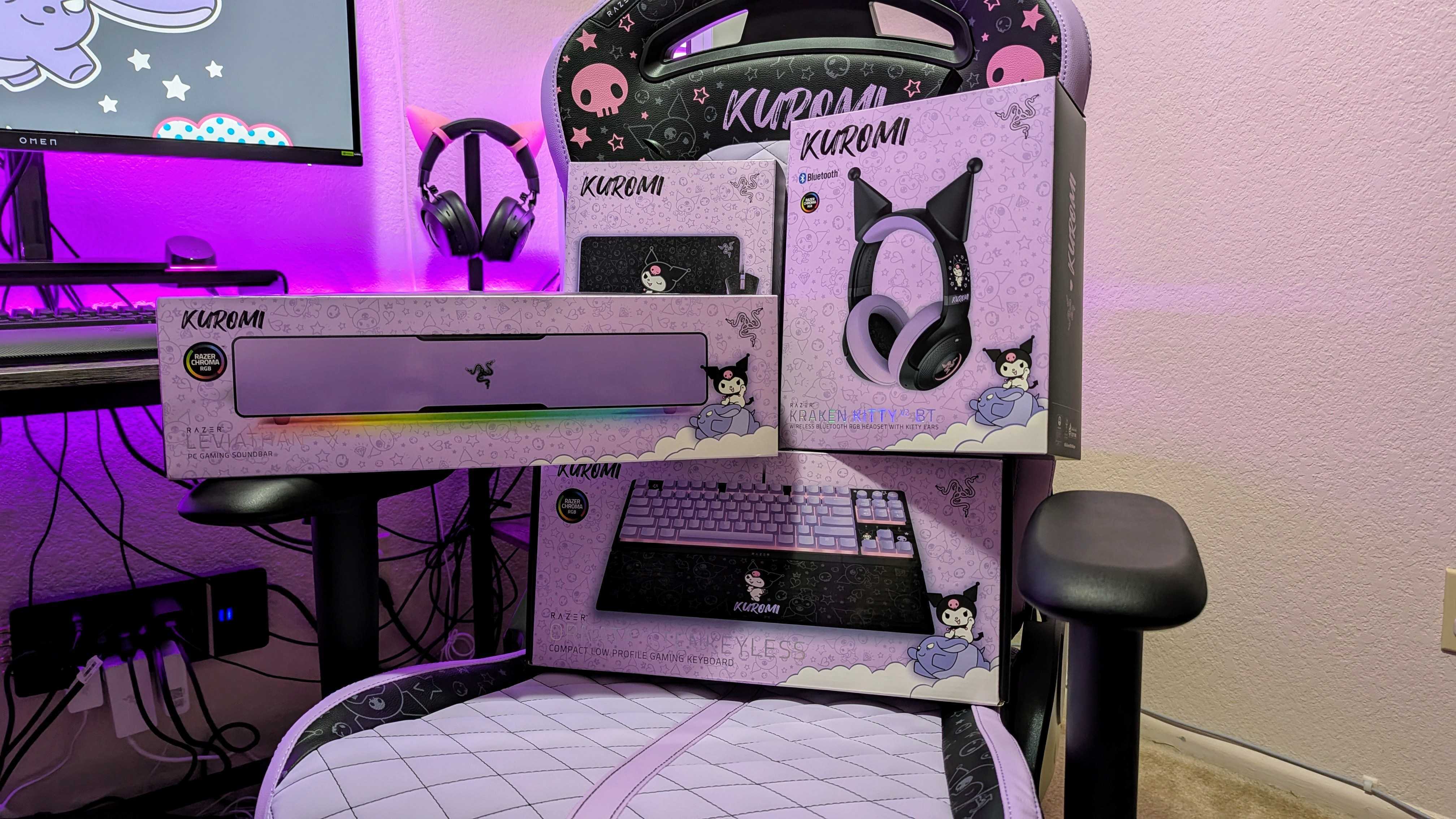 The Razer Enki X Kuromi Edition with the boxes for the rest of the Kuromi collection resting on top.