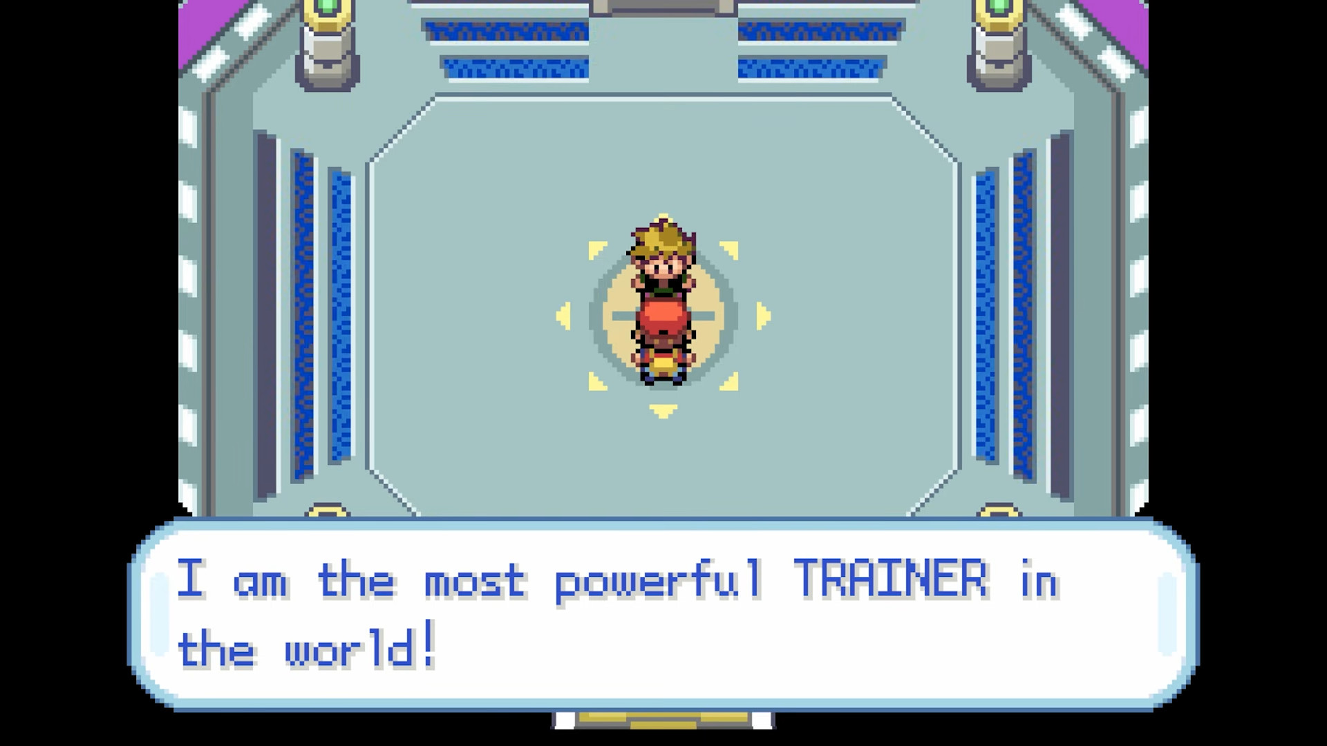 Red facing his rival in a gym during one of the most relaxing RPGs, Pokemon: FireRed and LeafGreen.