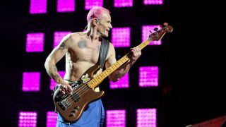 Bassist Flea of Red Hot Chili Peppers performs at Allegiant Stadium on April 01, 2023 in Las Vegas, Nevada. 