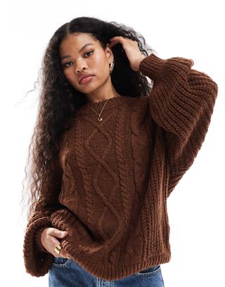 Brave Soul Petite Oversized Cable Knit Jumper in Brown