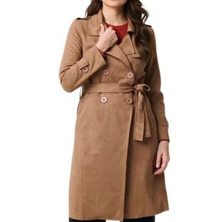 Izabel London Brown Suede Tie Waist Button Front Trench Coat