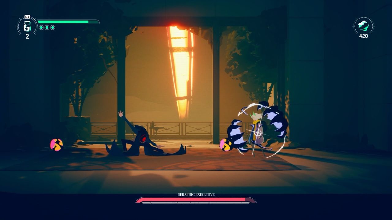 Possessor(s) gameplay showing parry move in boss fight in well-appointed office.