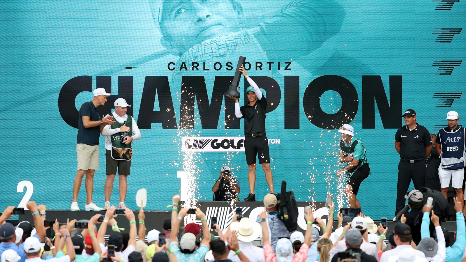 Carlos Ortiz celebrates a LIV Golf win