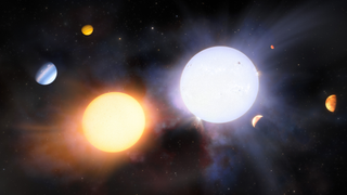 Illustration of two giant binary stars that despite having the same gas cloud parent are non-identical