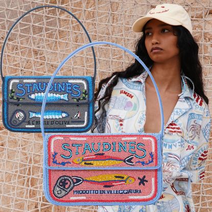 a collage of two Staud sardine bags next to a woman wearing a sardine matching set from Damson Madder