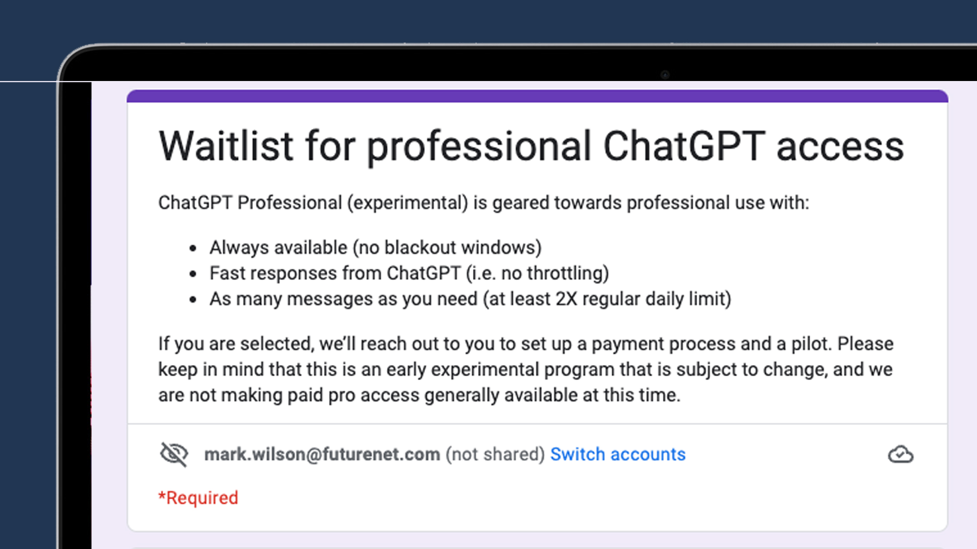 A waitlist form for ChatGPT Professional
