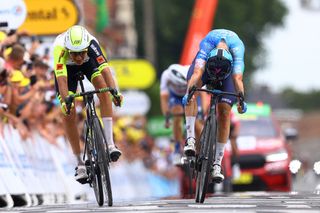 The final push and throw on the finish line on stage 5 of the Tour de France 2022