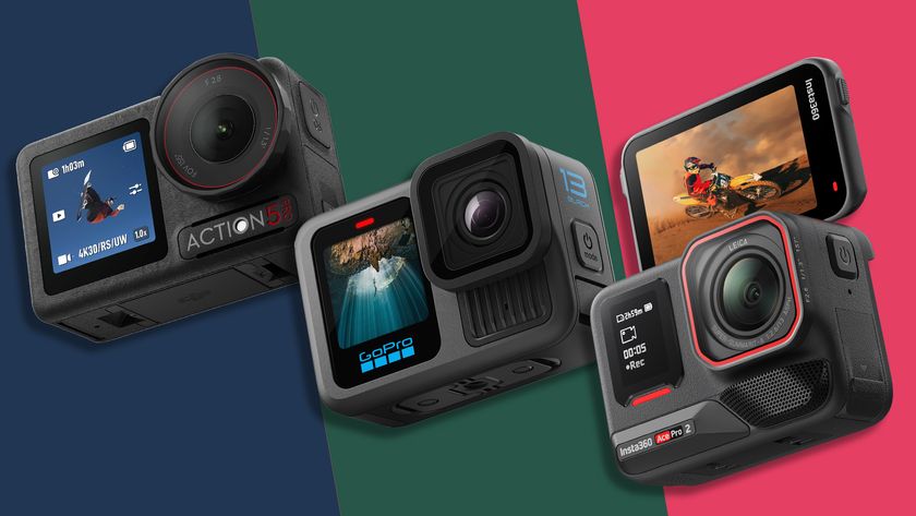 DJI Osmo Action 5 Pro vs GoPro Hero 13 Black vs Insta360 Ace Pro 2 action cameras side by side on multi-color background