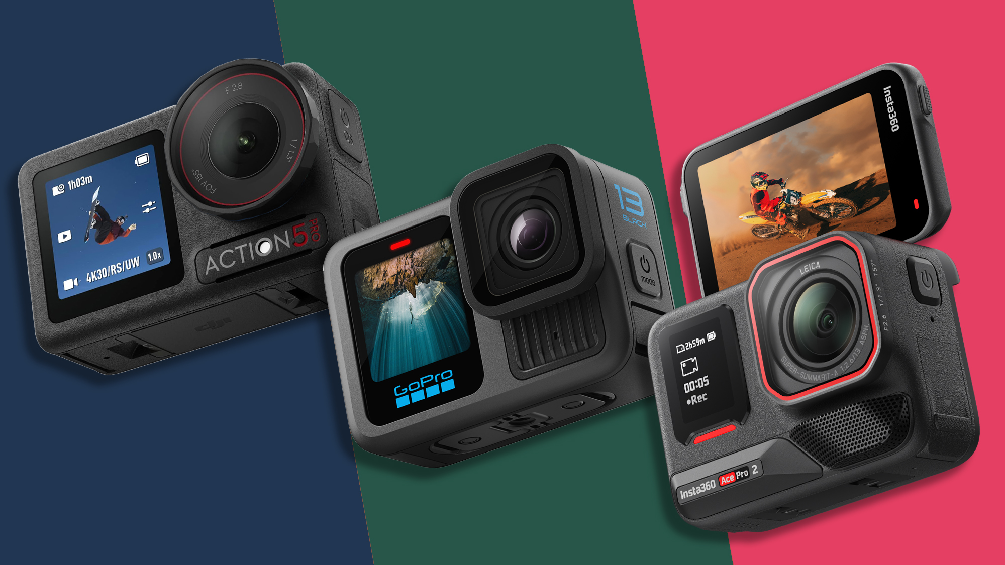 DJI Osmo Action 5 Pro vs GoPro Hero 13 Black vs Insta360 Ace Pro 2 action cameras side by side on multi-color background