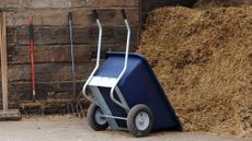 Large blue wheelbarrow upturned at a muckheap on a horse yard