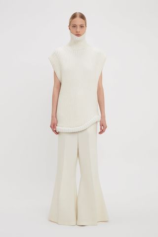 Sleeveless High Neck Knit Jumper in Ivory