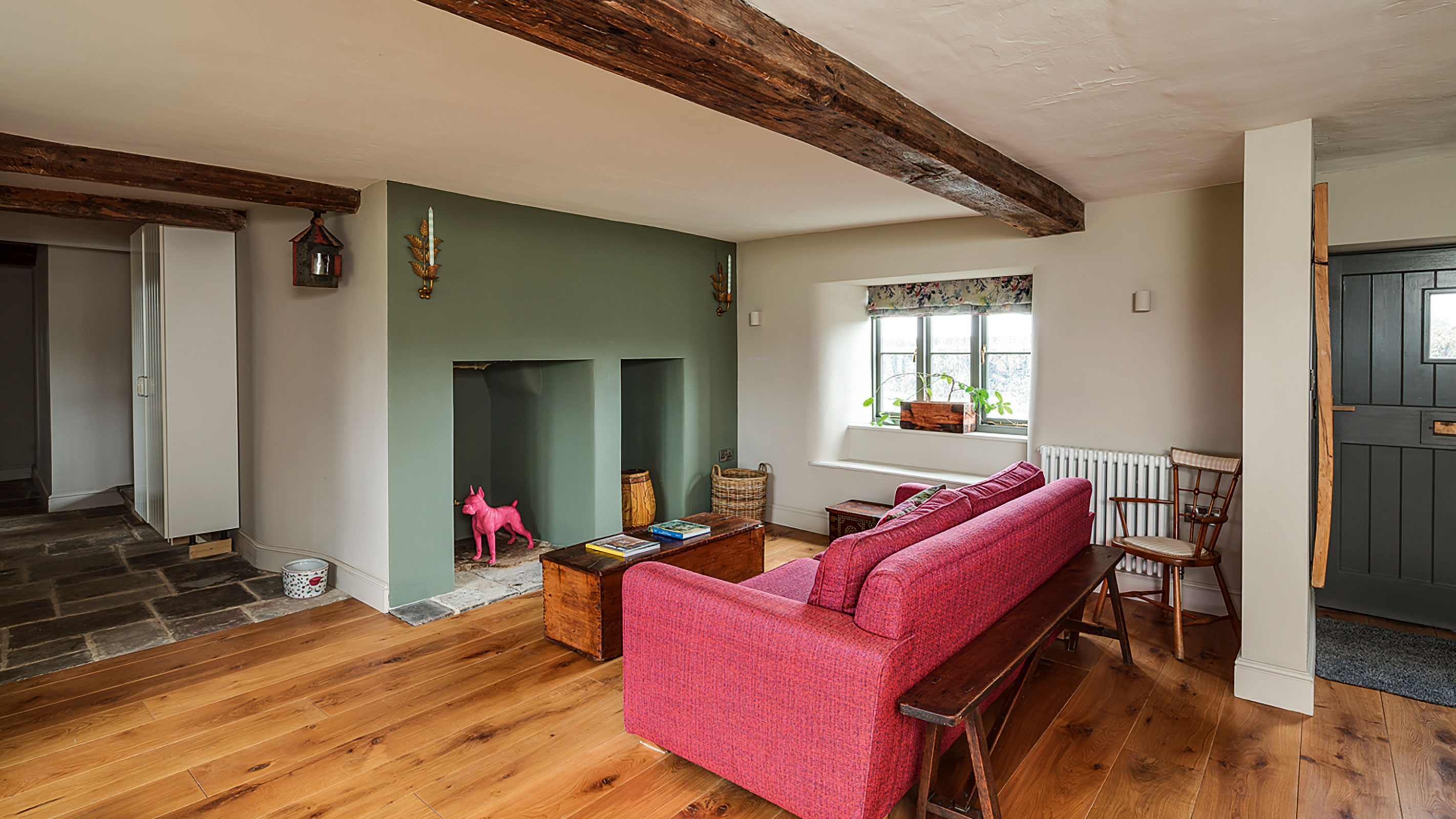 empty fireplace in farmhouse renovation