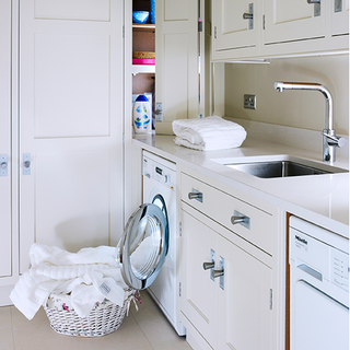 kitchen area with white kitchen counter and washing machine
