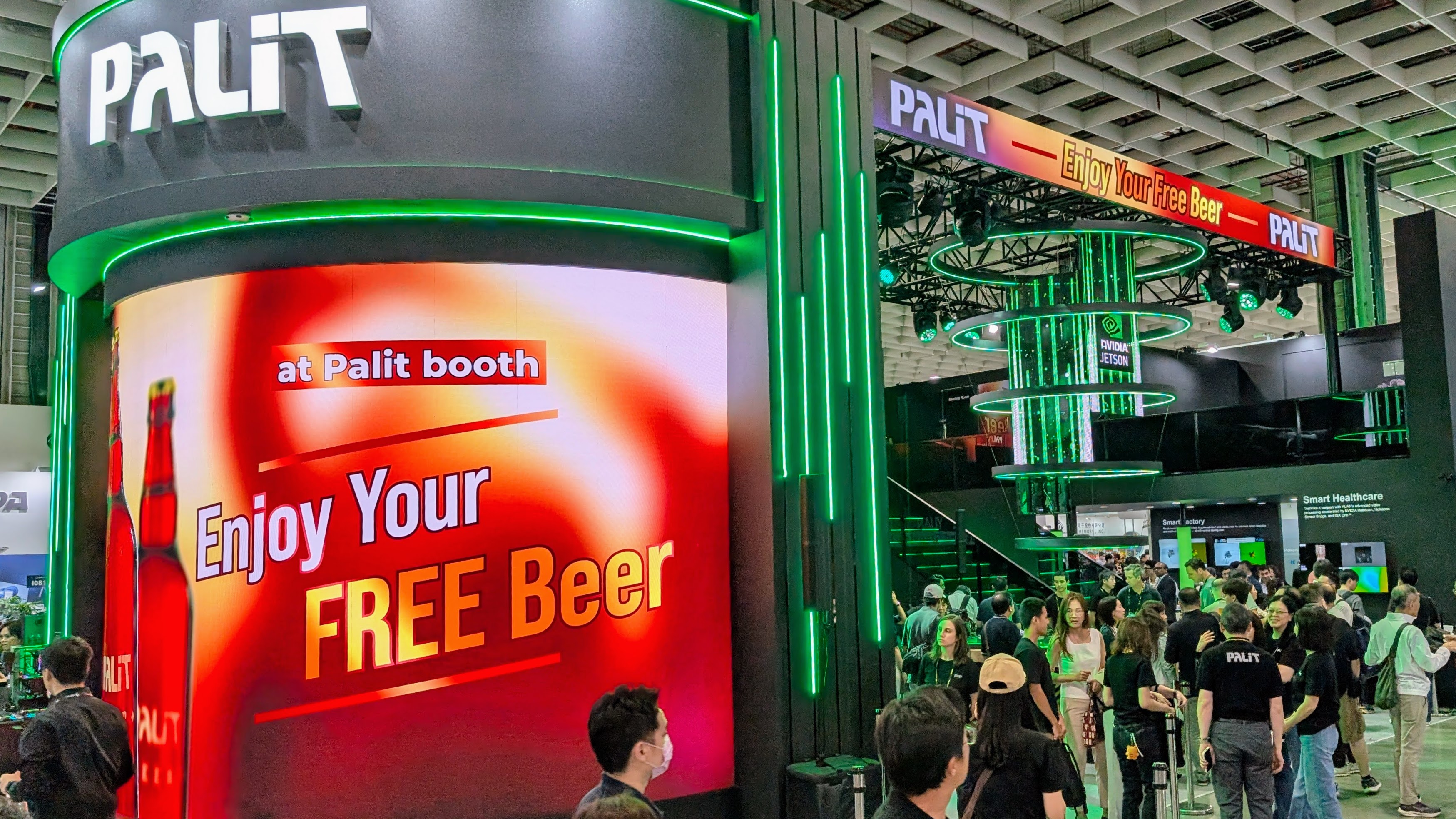 Palit booth at Computex 2025 with free beer sign