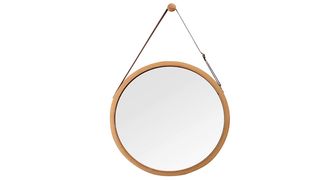 Zri Bamboo hanging round wall mirror with leather strap