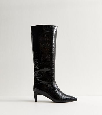 Black Low Heel Sleek Faux Leather Croc Knee High Boots
