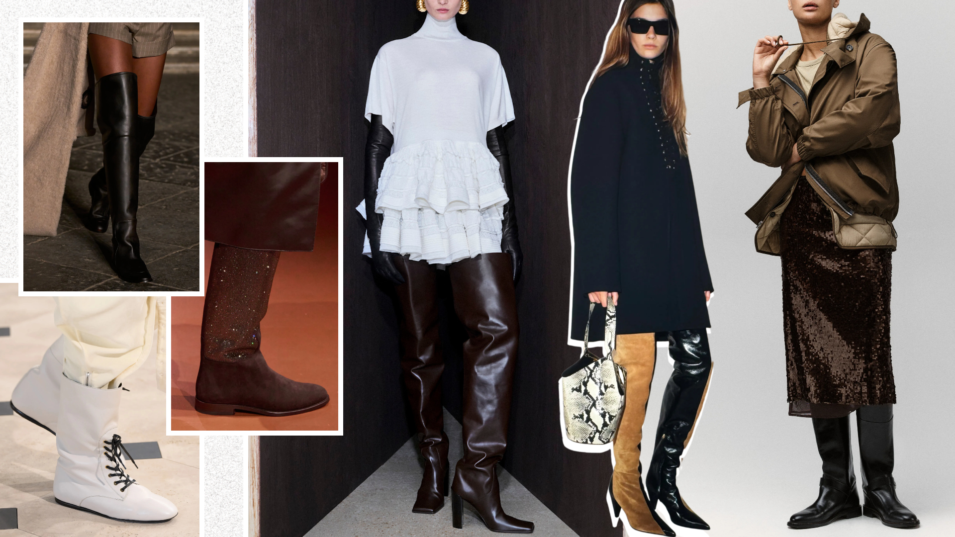a collage of winter 2026 boot trends at Max Mara, Celine, Hermés, Aläia, Khaite, and Rag &amp; Bone Resort 2026