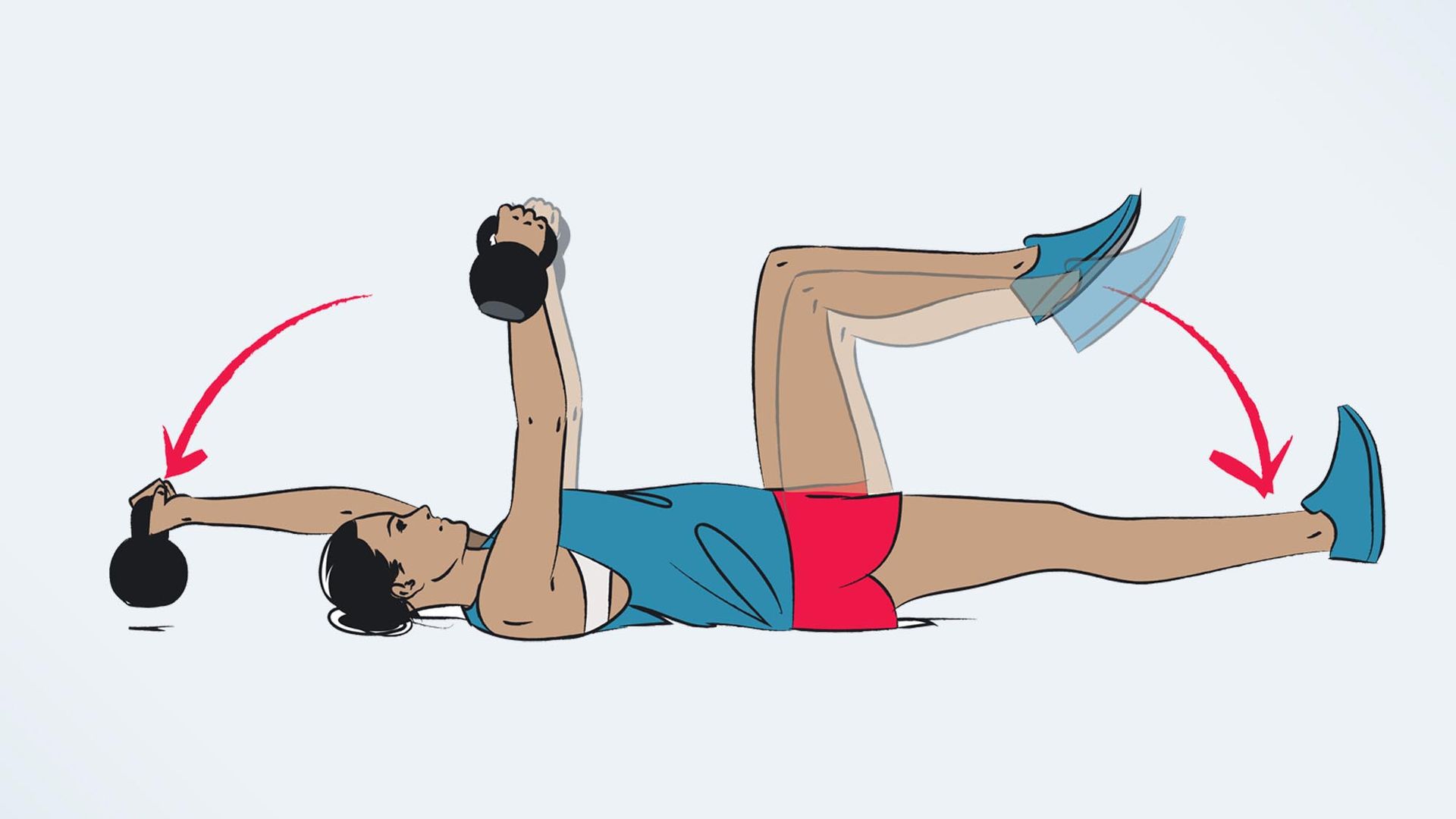 an illo of a woman doing a weighted dead bug