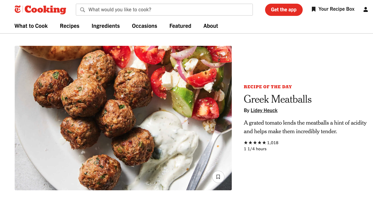NYT Cooking homepage with a recipe for greek meatballs on it