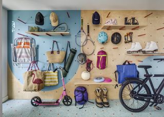 pegboard wall with leisure activity accessories hanging