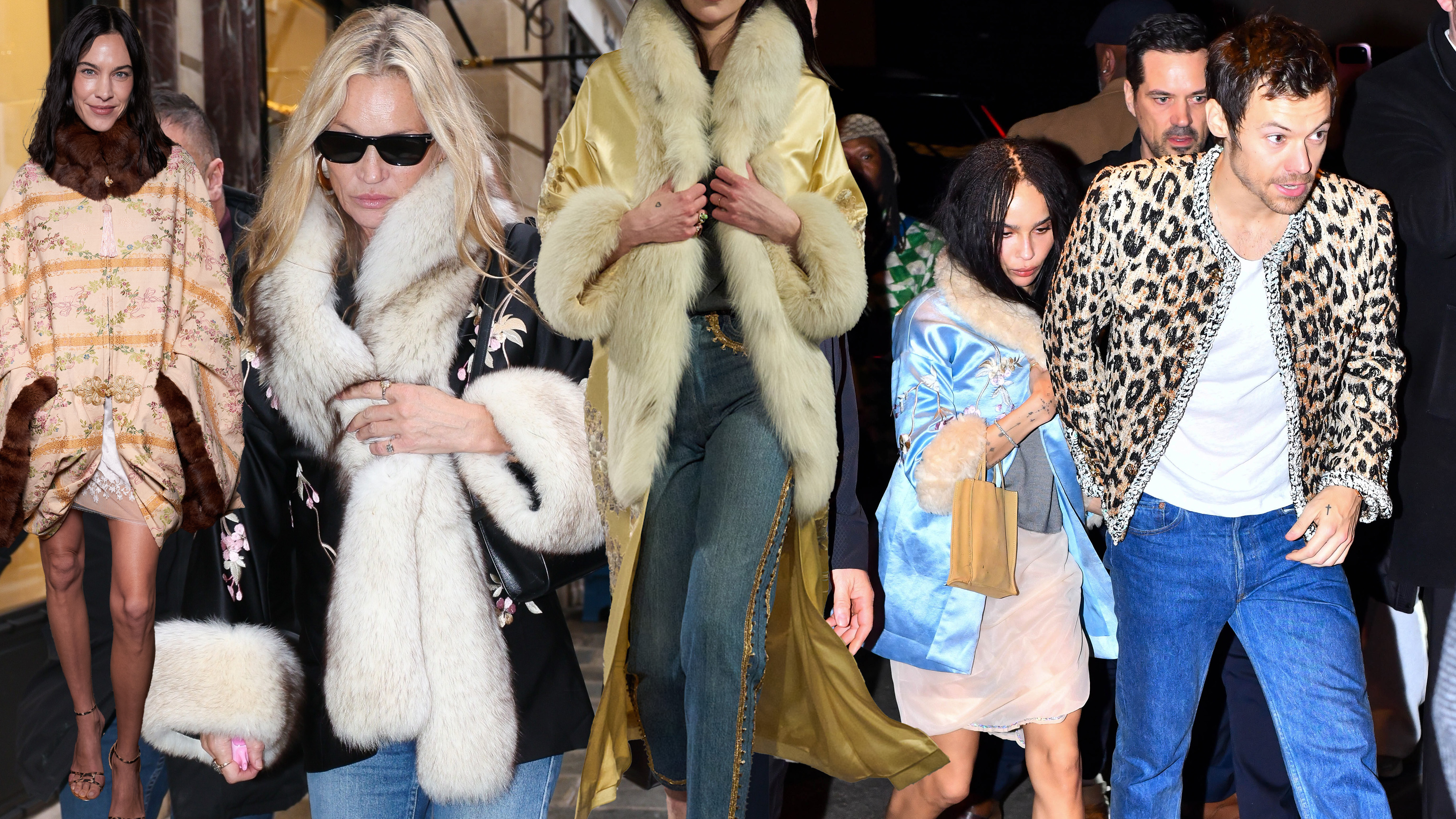 A collage featuring photos of Alexa Chung, Kate Moss, Tish Weinstock, and Zo&euml; Kravitz wearing silk coats with fur trim from Conner Ives and Viktor Gichev. 