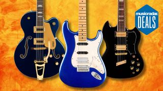 Three electric guitars on a yellow background