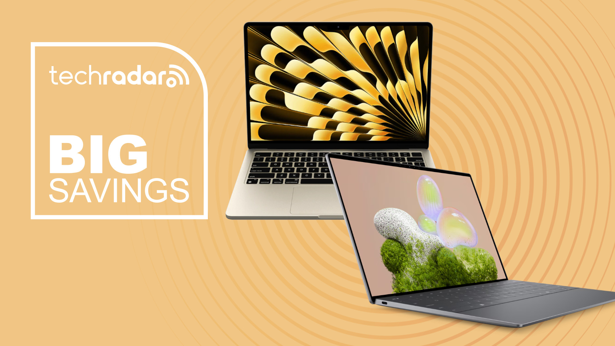Apple MacBook Air M4 and Dell XPX 13 on light orange background with big savings text overlay