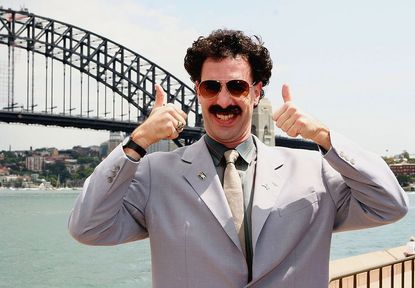 Actor Sacha Baron Cohen appears in character as Kazakh journalist Borat Sagdiyev at a press conference and photo call to promote his film Borat Cultural Learnings Of America For Make Benefit 