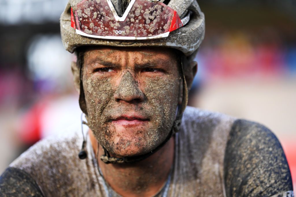 ROUBAIX FRANCE OCTOBER 03 Jasper Stuyven of Belgium and Team Trek Segafredo covered in mud after the 118th ParisRoubaix 2021 Mens Eilte a 2577km race from Compigne to Roubaix ParisRoubaix on October 03 2021 in Roubaix France Photo by Tim de WaeleGetty Images