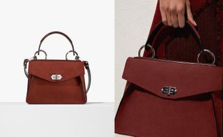 Left, a burgundy handbag with silver trim and leather handles. Right, a woman's hand carrying the same bag.