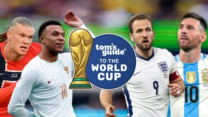 Tom's Guide to the World Cup, shown with Erling Haaland, Kylian Mbappe, Harry Kane and Lionel Messi.