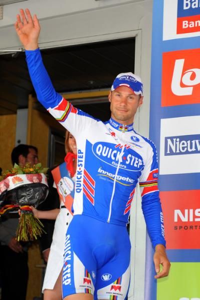 Tom Boonen (Quick Step) heads onto the podium at Tour of Belgium.