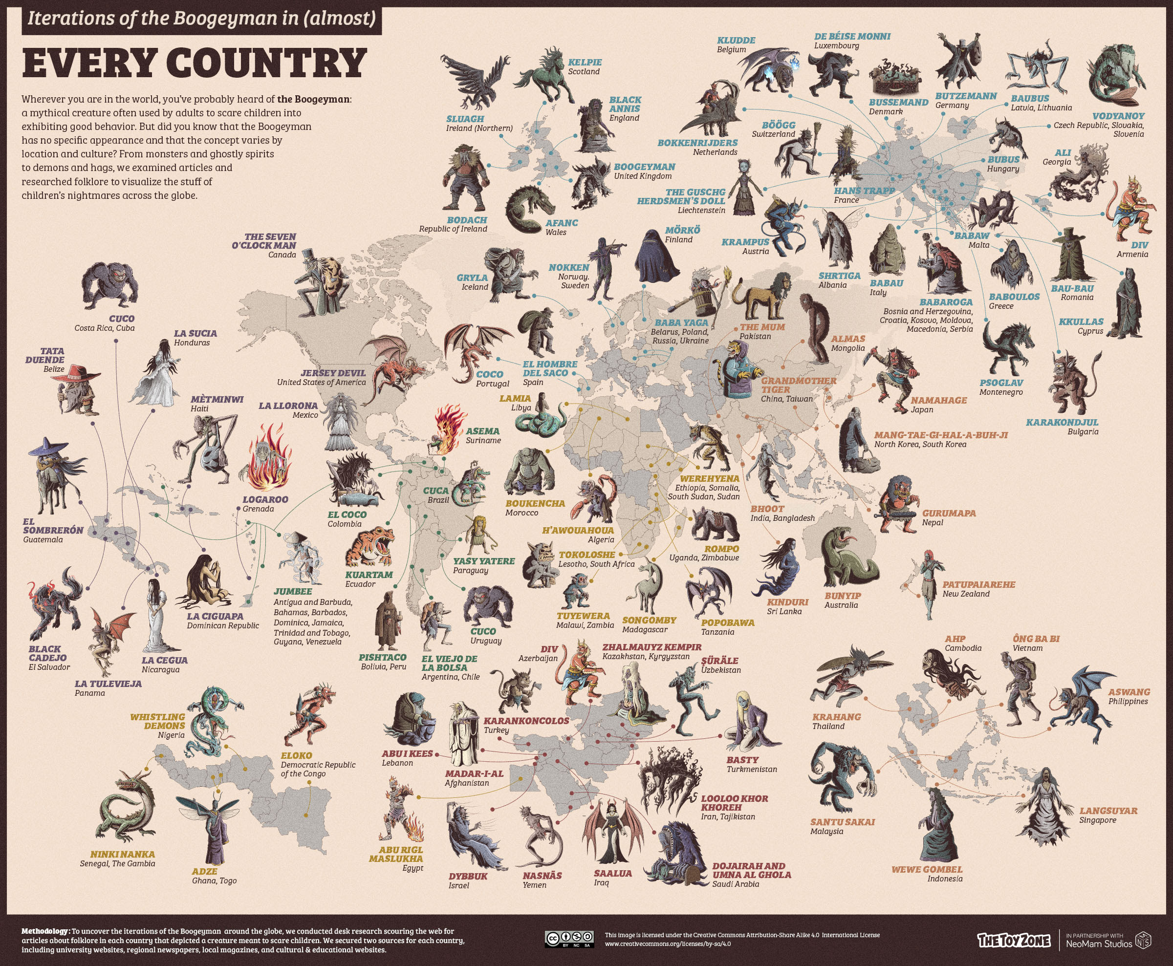 A map featuring bogeymen monsters from different countries around the world
