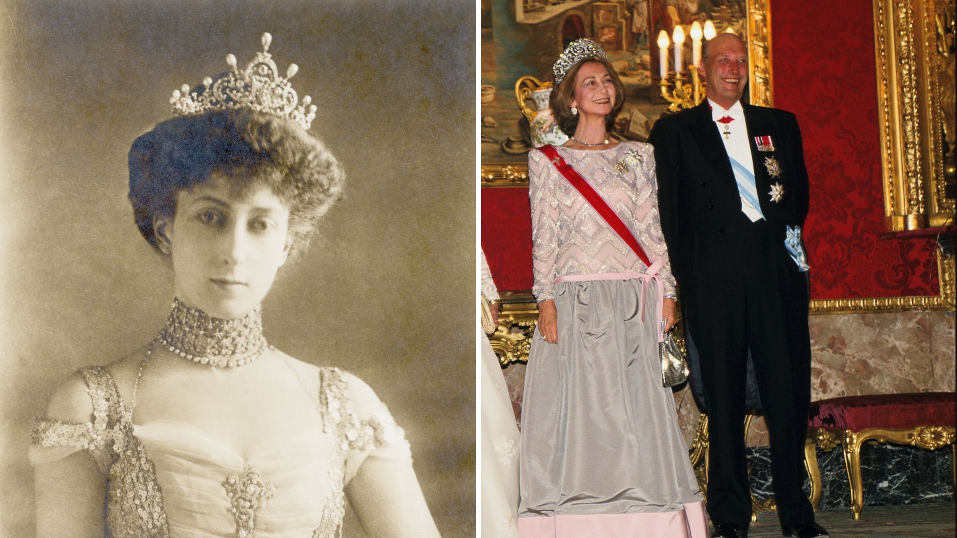 Queen Maud's crown (left), Queen Sonja and King Harald of Norway (right)