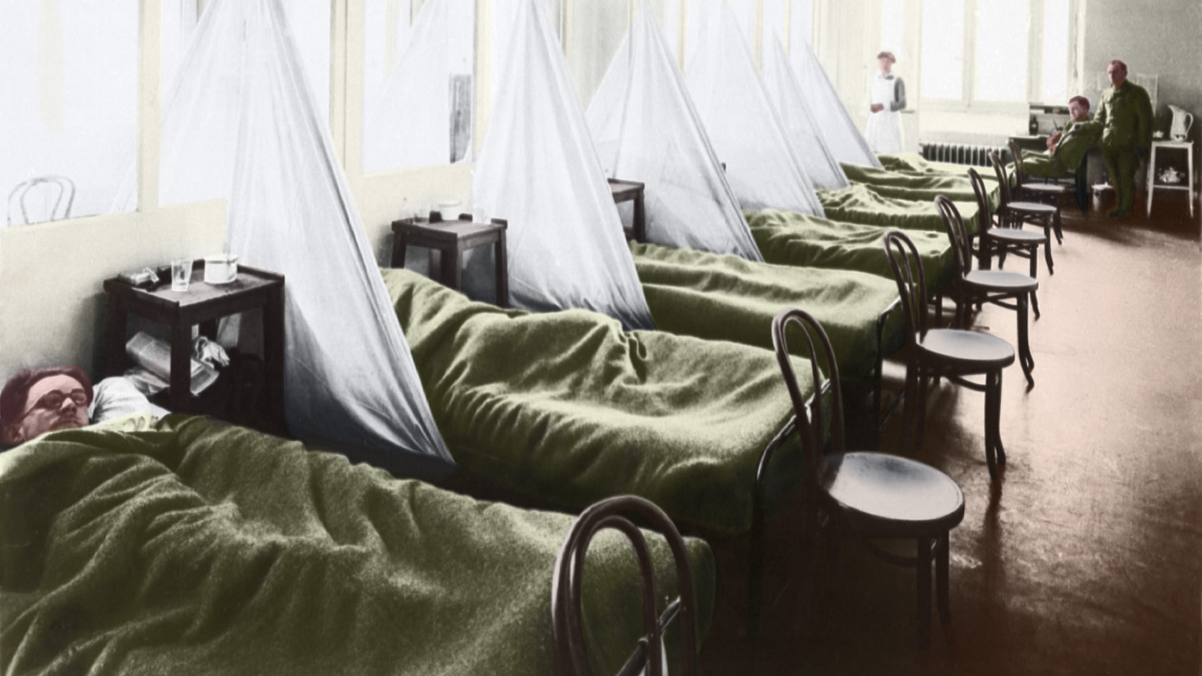 An influenza ward at the U S Army Camp Hospital in Aix-les-Bains France during the Spanish Flu epidemic of 1918-19.