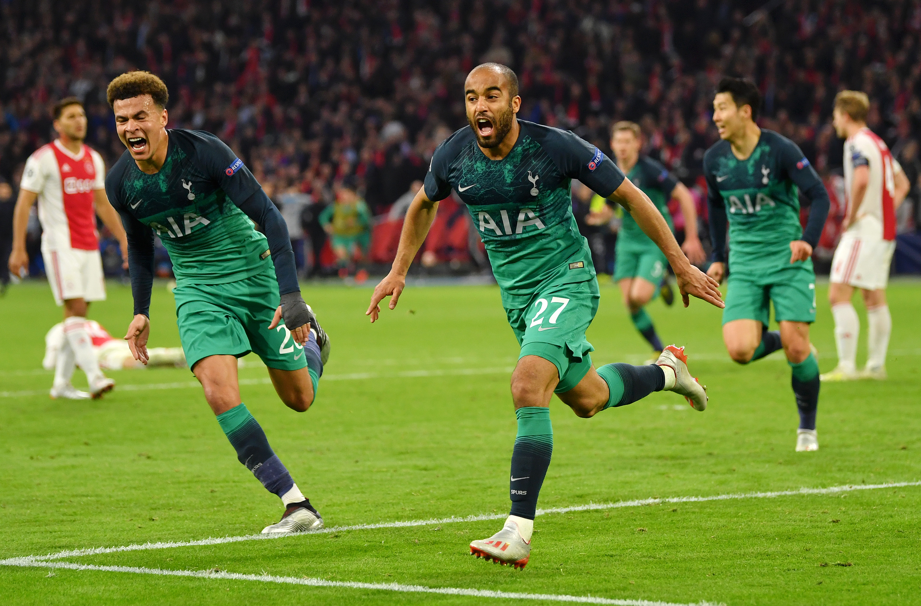 Dele Alli and Lucas Moura celebrate Tottenham's third goal in their comeback win against Ajax in the Champions League semi-finals in May 2019.