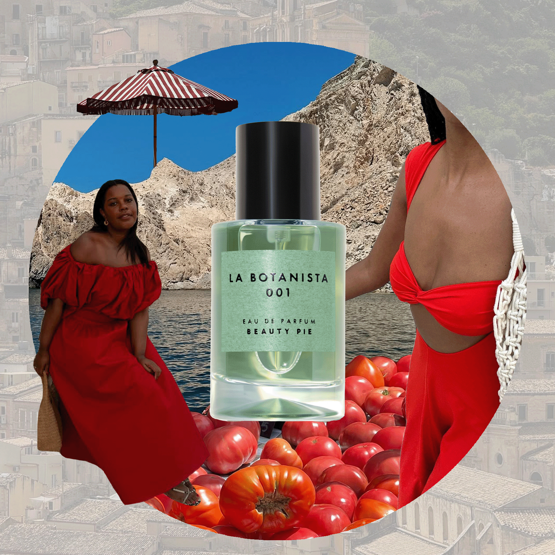 Collage graphic of tomato leaf perfumes layered over a background of a rocky coastline, women wearing red dresses and cutouts of tomatoes, with pefume bottles from L’Artisan Perfumeur, Beauty Pie and Maison Margiela